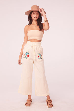 Bolinas Ivory Floral Embroidered High Waisted Pants
