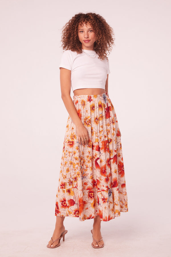 Daze Clay Floral Tiered Maxi Skirt