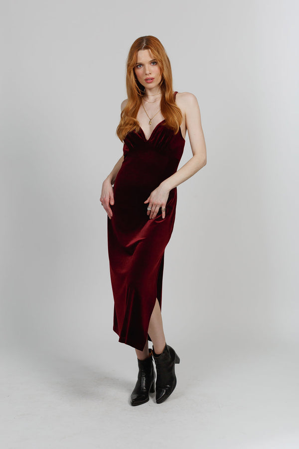 Felicia Burgundy Velvet Midi Dress