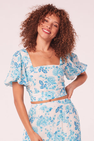 Icaria Turquoise Floral Puff Sleeve Top