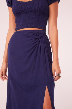 Joan Navy Linen Gathered Midi Skirt