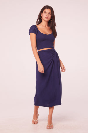Joan Navy Linen Gathered Midi Skirt