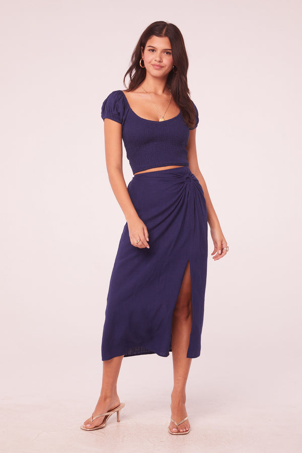 Joan Navy Linen Gathered Midi Skirt