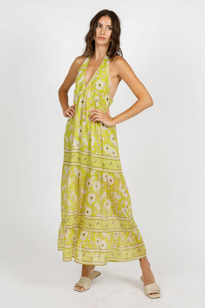 Keahi Lime Floral Halter Maxi Dress