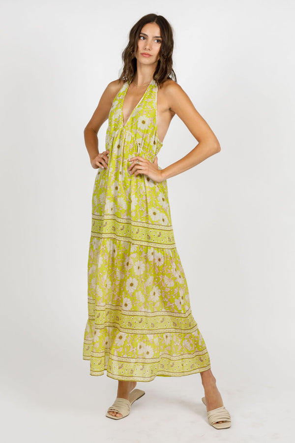 Keahi Lime Floral Halter Maxi Dress