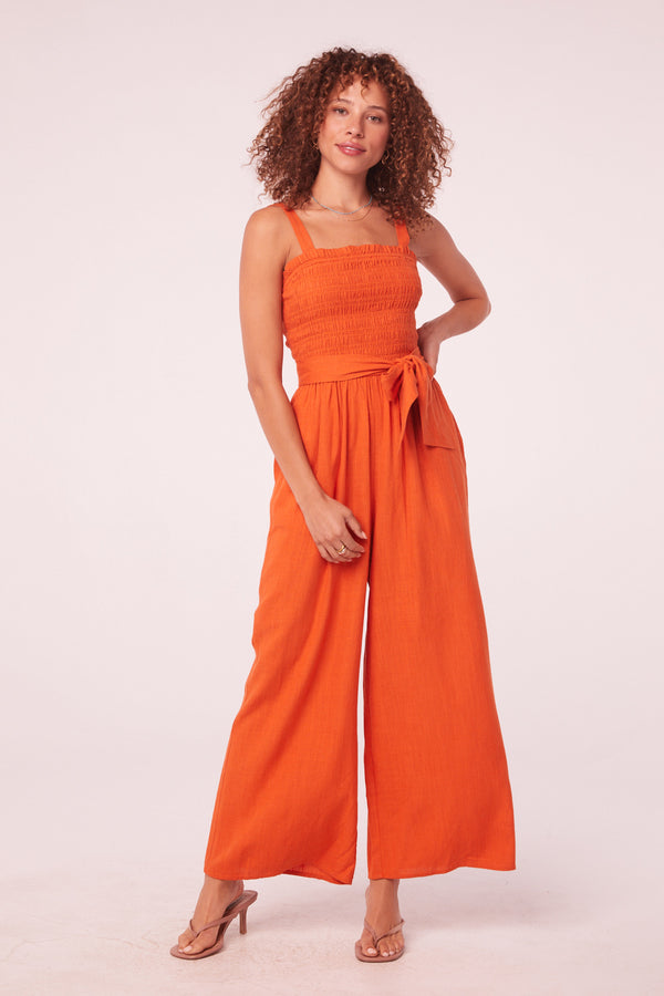 Marisa Clay Linen Smocked Jumpsuit