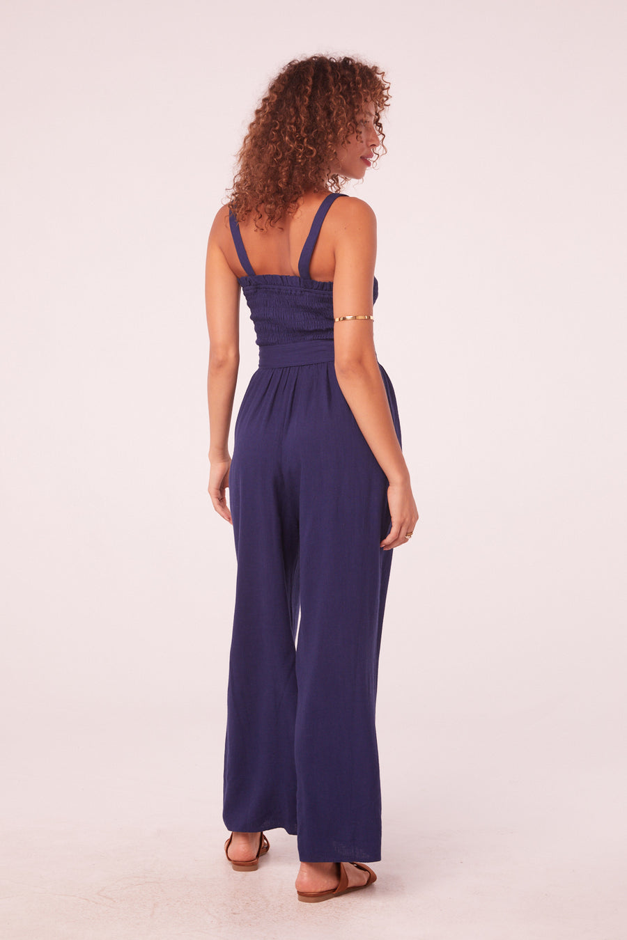 Marisa Navy Linen Smocked Jumpsuit