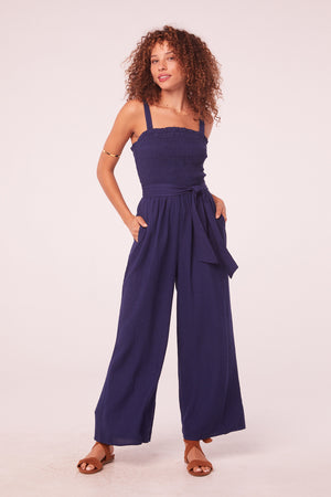 Marisa Navy Linen Smocked Jumpsuit
