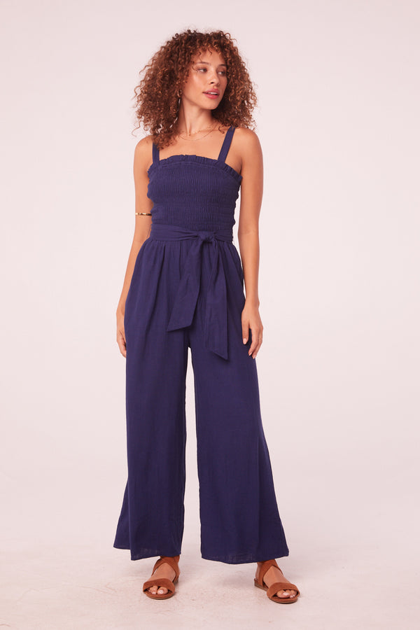 Marisa Navy Linen Smocked Jumpsuit