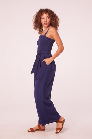 Marisa Navy Linen Smocked Jumpsuit