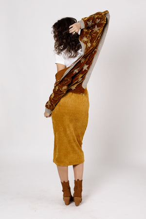 Monza Gold Ribbed Velvet Pencil Skirt