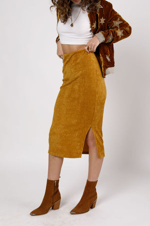 Monza Gold Ribbed Velvet Pencil Skirt
