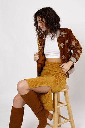 Monza Gold Ribbed Velvet Pencil Skirt