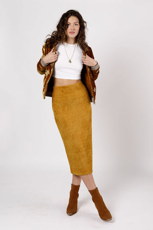 Monza Gold Ribbed Velvet Pencil Skirt