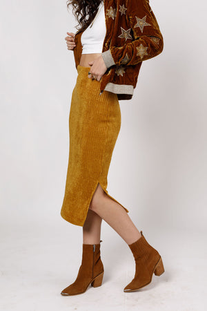 Monza Gold Ribbed Velvet Pencil Skirt