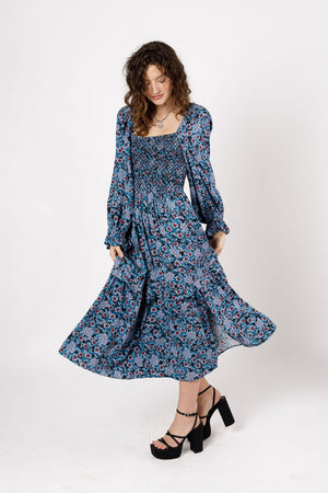 Roselin Sapphire Floral Long Sleeve Maxi Dress