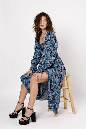 Roselin Sapphire Floral Long Sleeve Maxi Dress