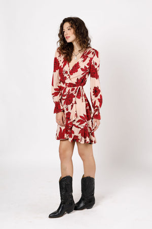 Shania Garnet Floral Long Sleeve Mini Dress