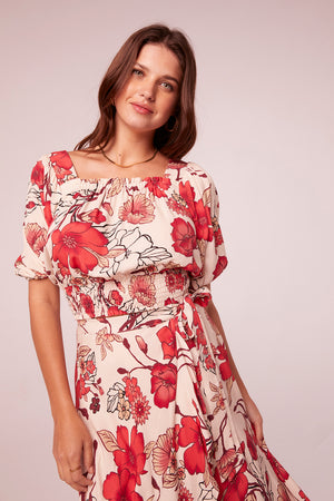 Adri Hot Coral Floral Wrap Maxi Skirt