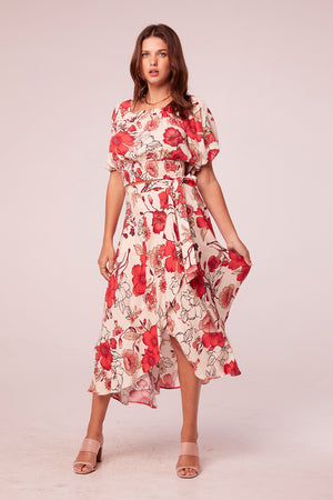 Adri Hot Coral Floral Wrap Maxi Skirt
