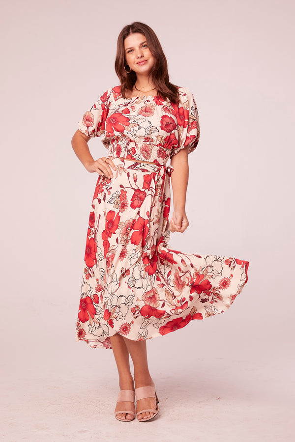 Adri Hot Coral Floral Wrap Maxi Skirt
