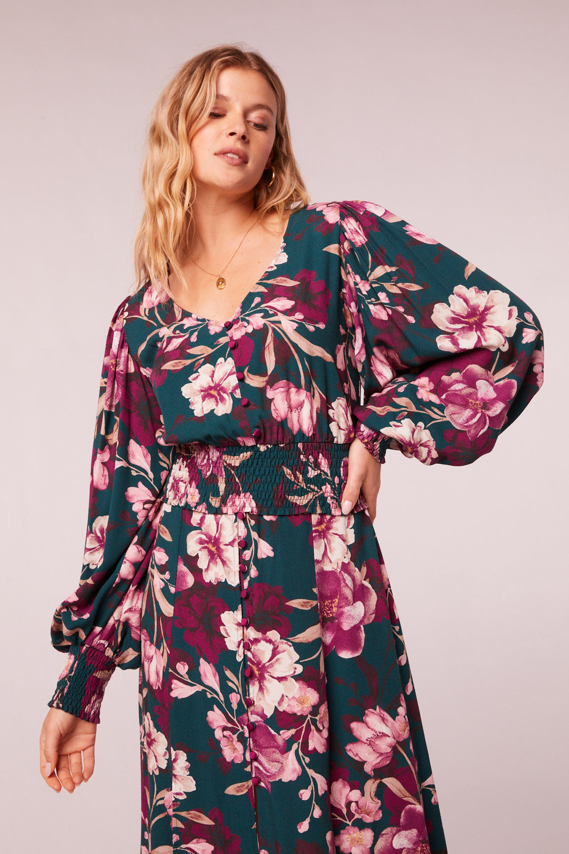 Aimee Pine Floral Long Sleeve Crop Top