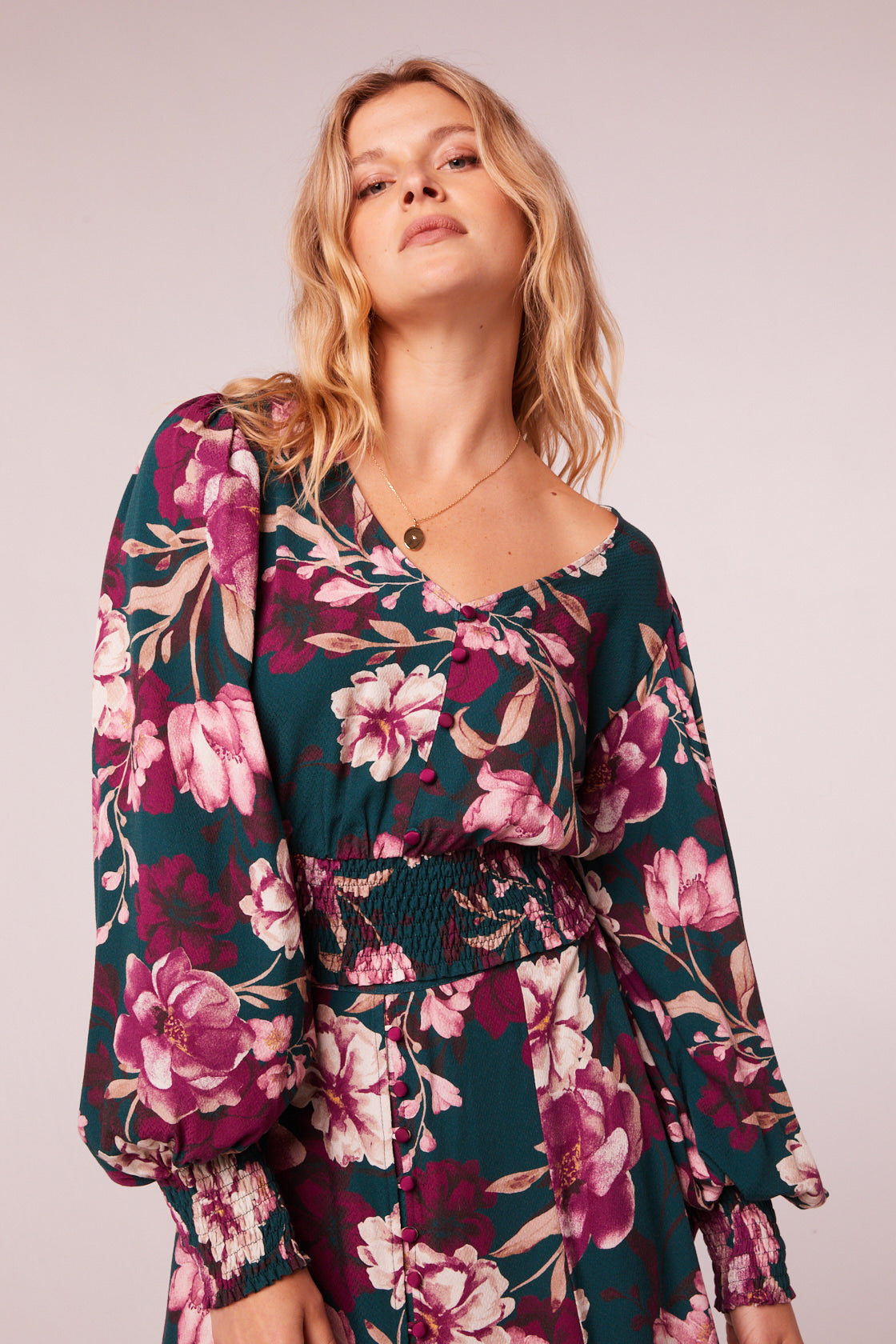 Aimee Pine Floral Long Sleeve Crop Top