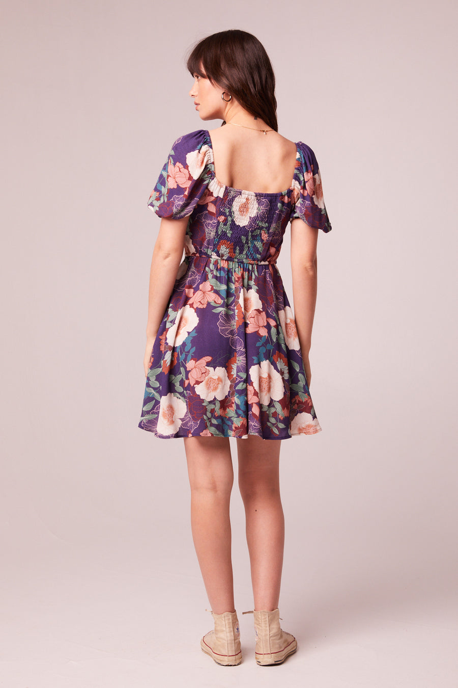 Aimee Purple Floral Puff Sleeve Mini Dress