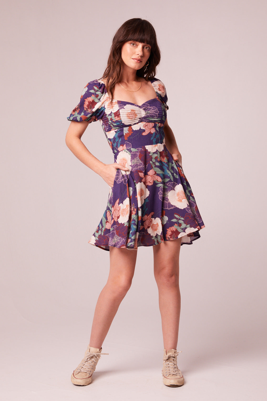 Aimee Purple Floral Puff Sleeve Mini Dress