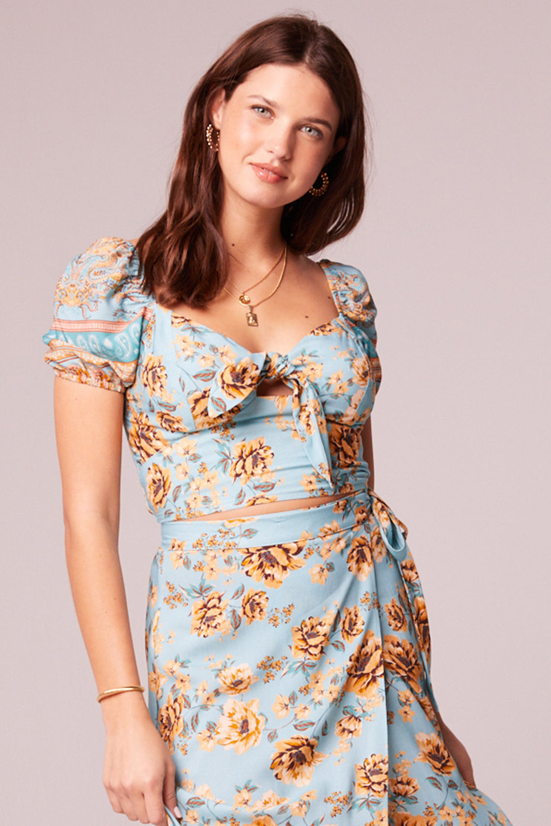 Aitana Light Teal Floral Puff Sleeve Top