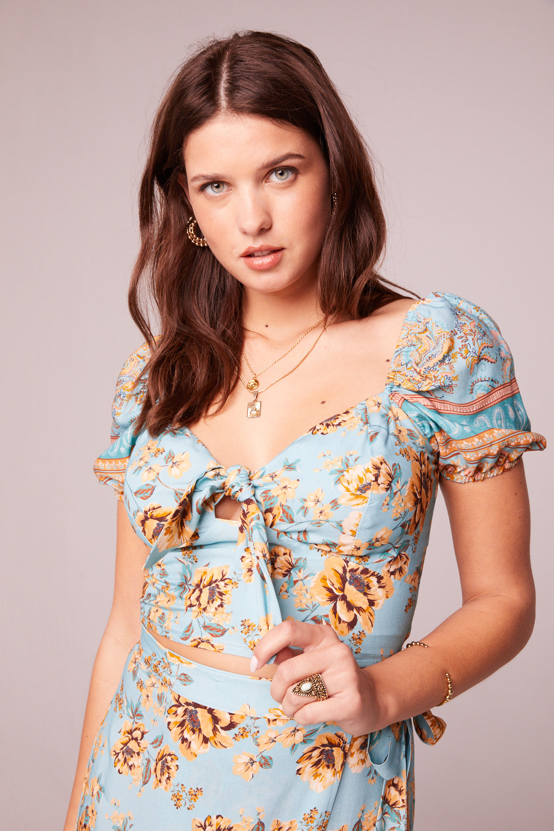 Aitana Light Teal Floral Puff Sleeve Top