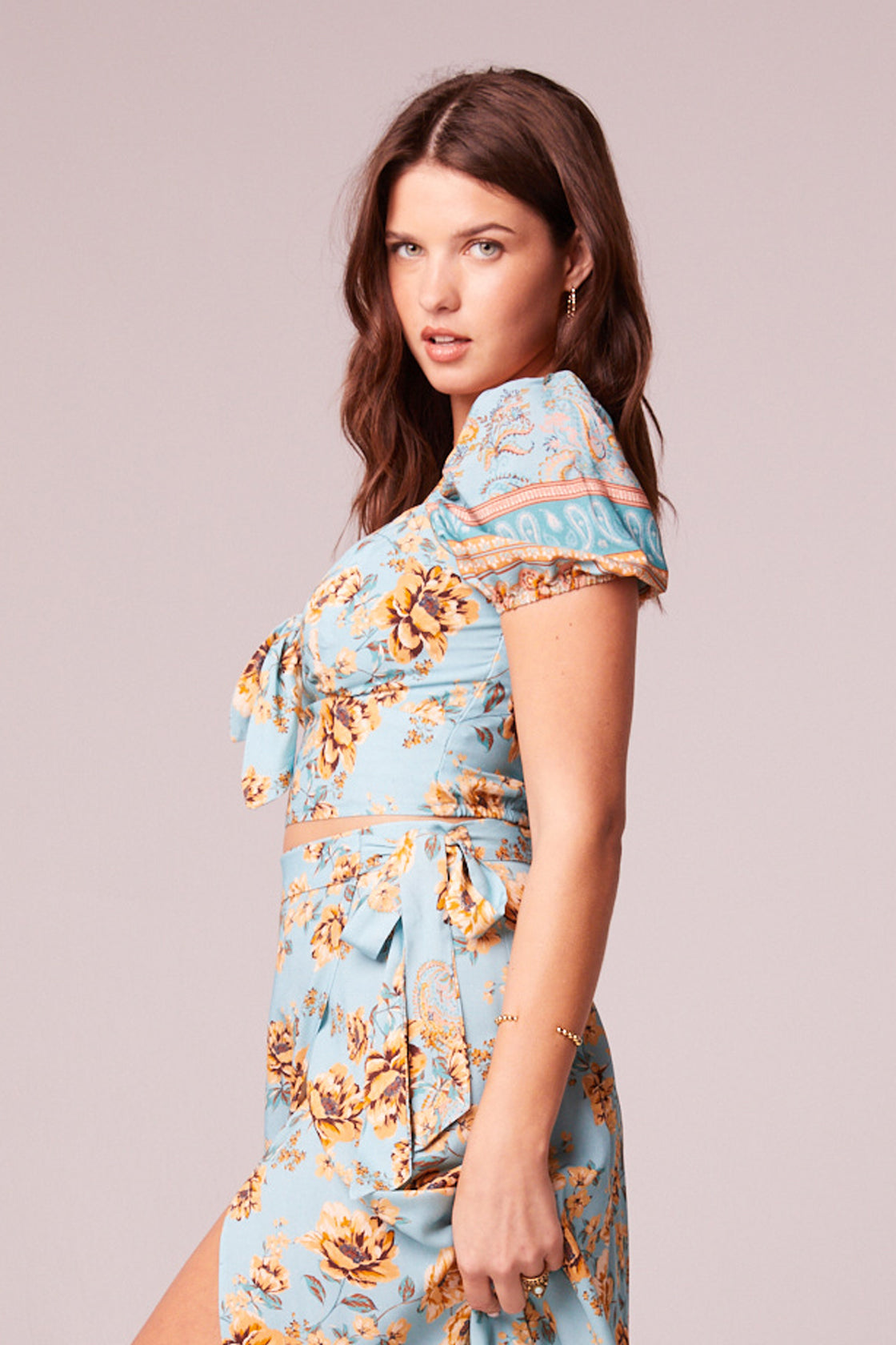 Aitana Light Teal Floral Puff Sleeve Top