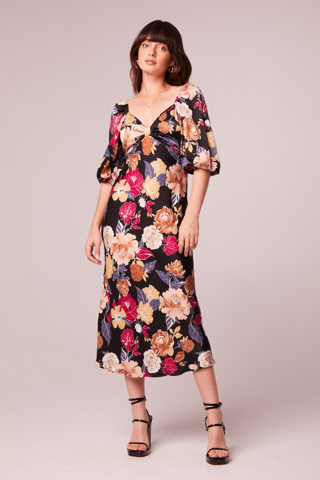 Astrid Black Floral Puff Sleeve Midi Dress