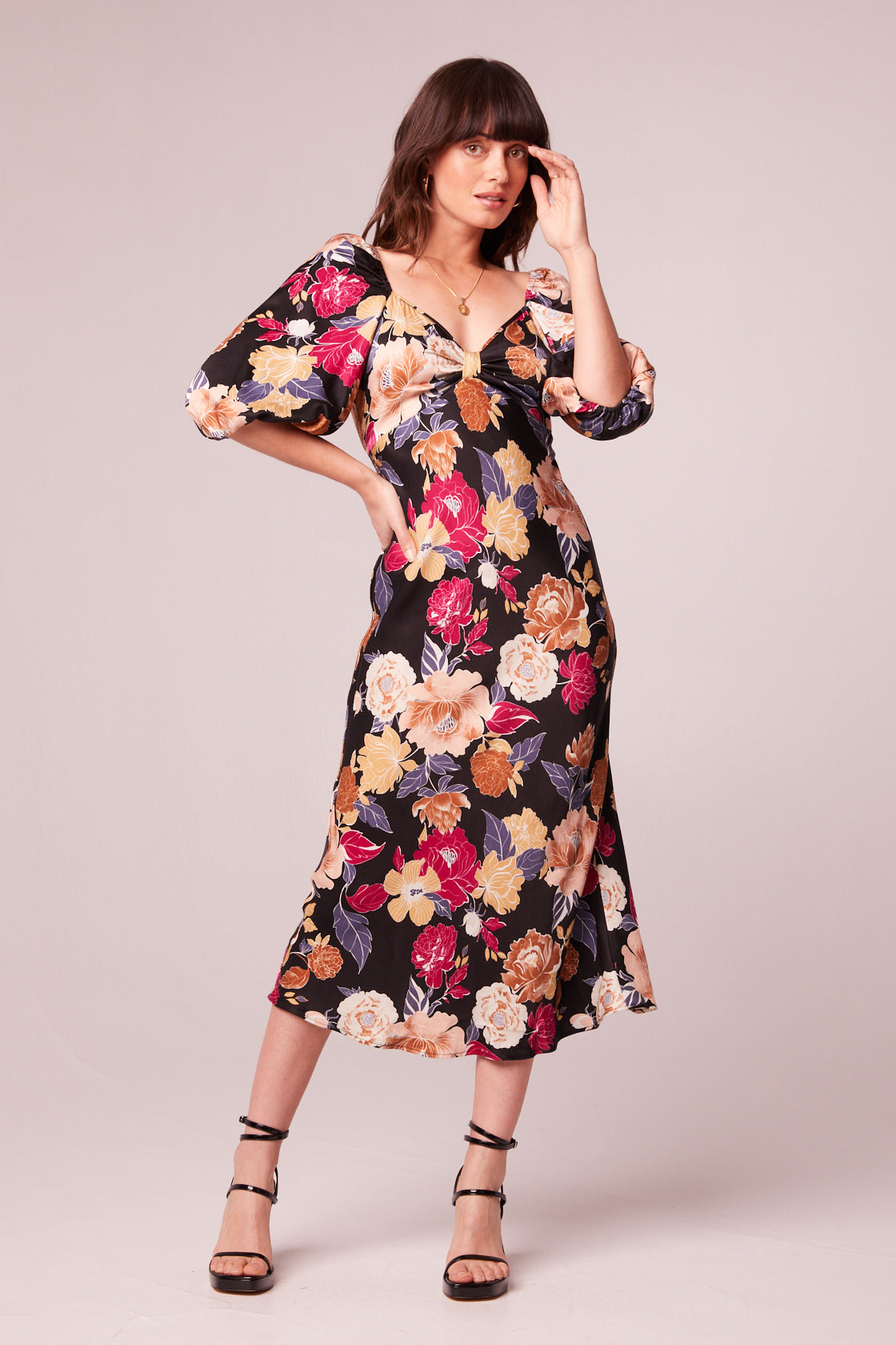 Astrid Black Floral Puff Sleeve Midi Dress