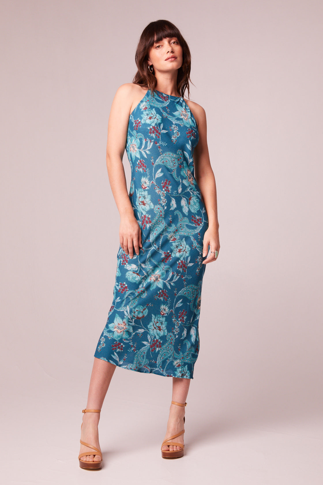 Audette Teal Floral Halter Midi Dress