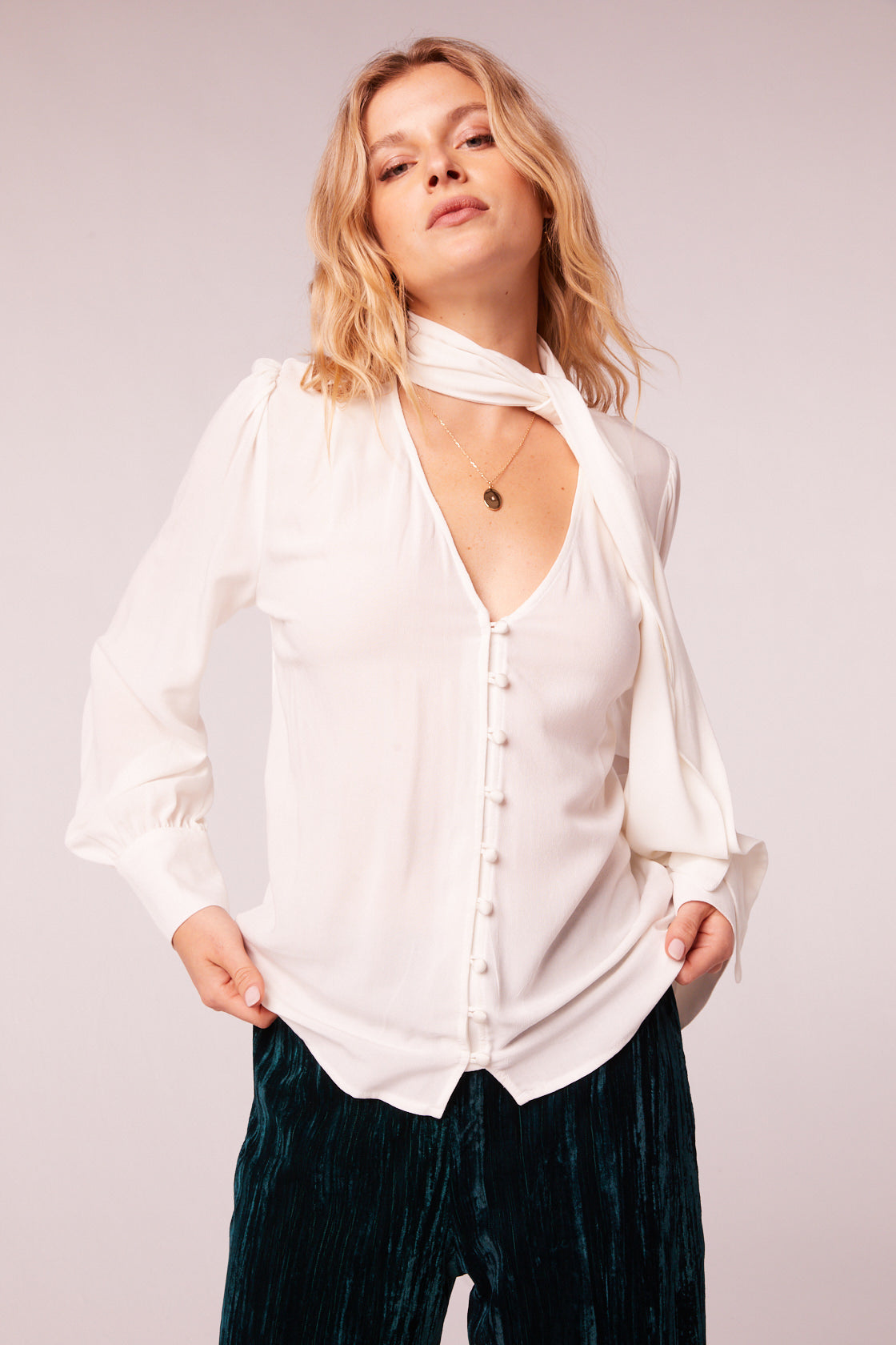 Babe Ivory Tie Neck Long Sleeve Top