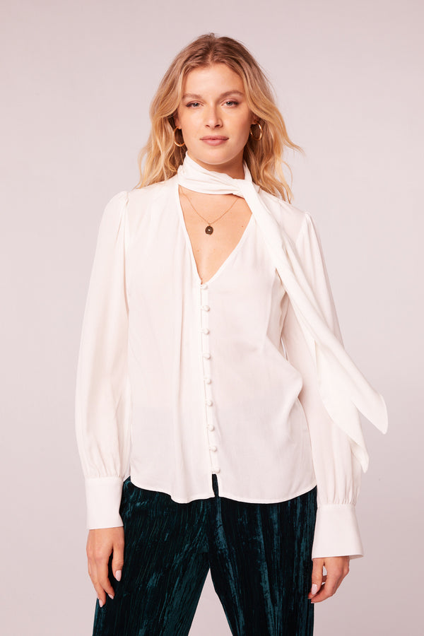 Babe Ivory Tie Neck Long Sleeve Top