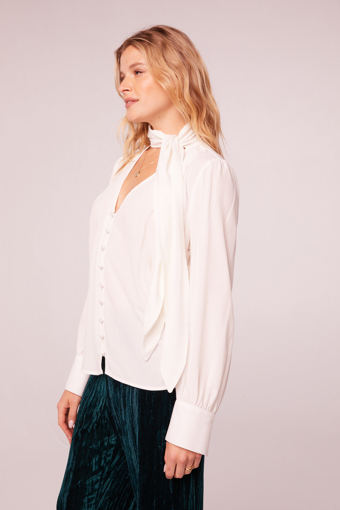 Babe Ivory Tie Neck Long Sleeve Top