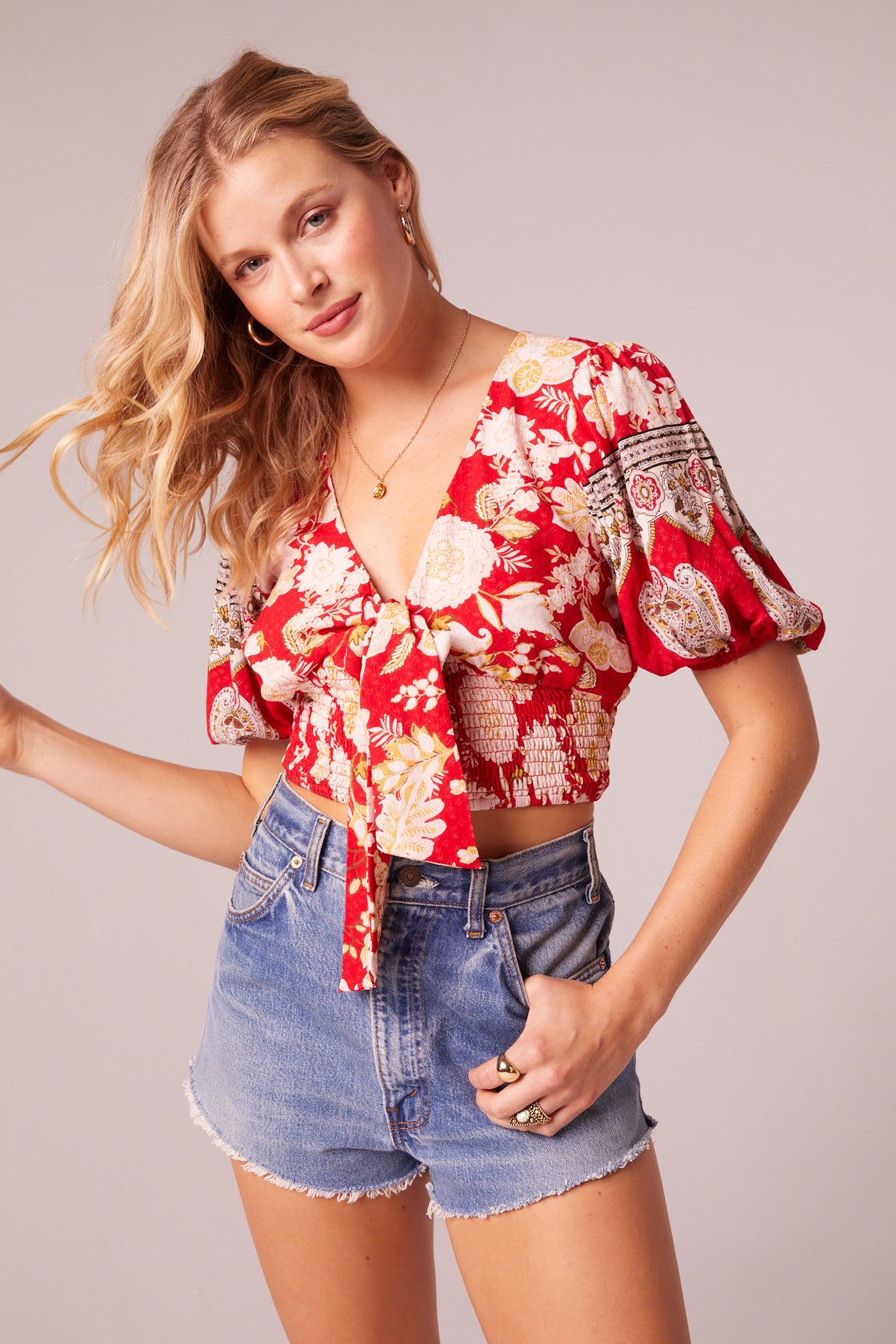 Beautiful Noise Red Floral Tie Top