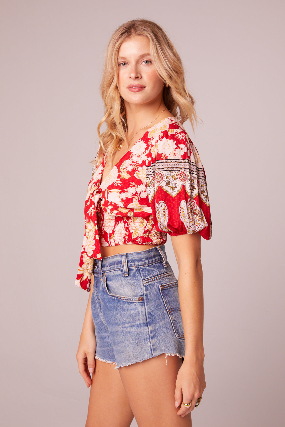 Beautiful Noise Red Floral Tie Top