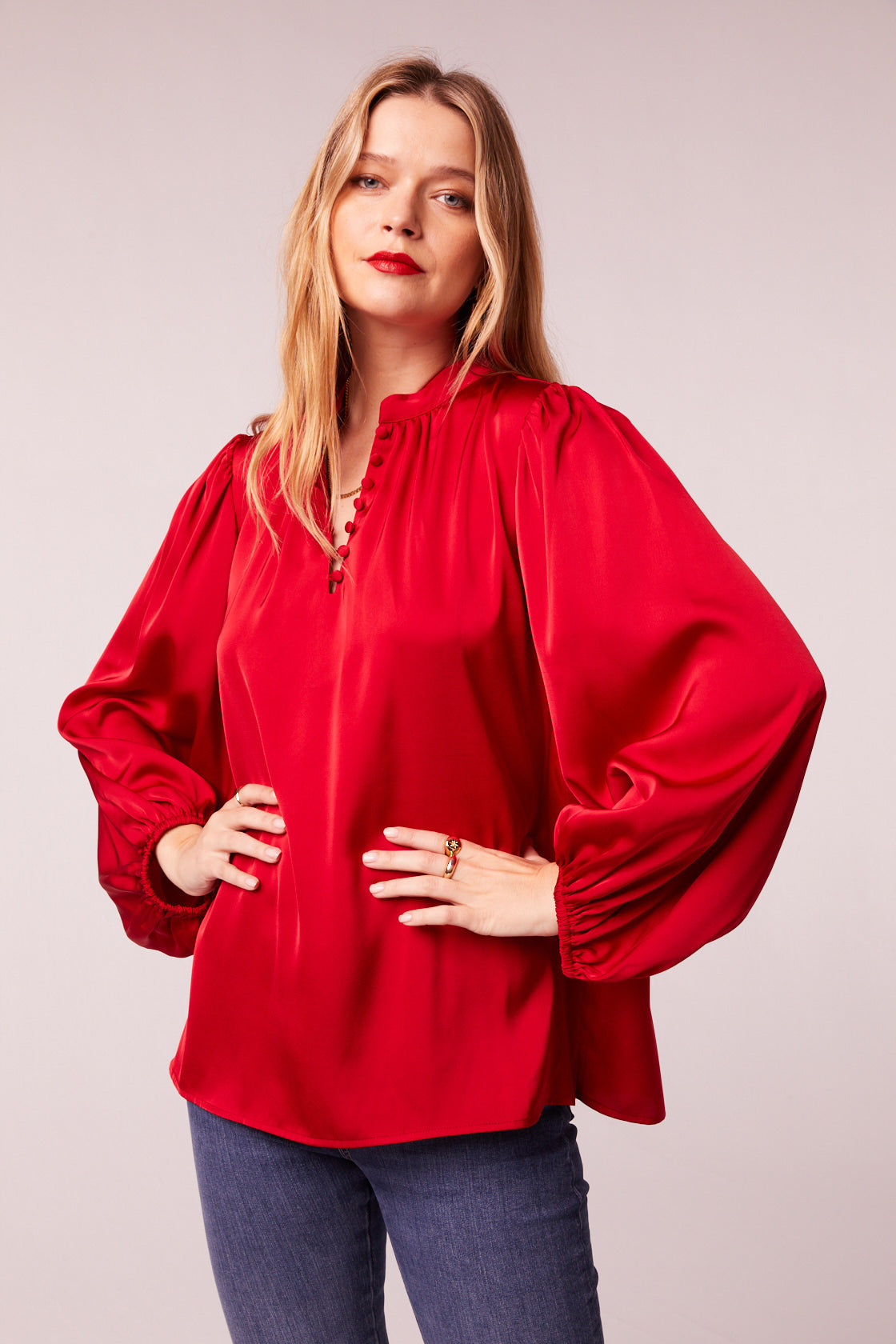 Beth Red Satin Long Sleeve Top