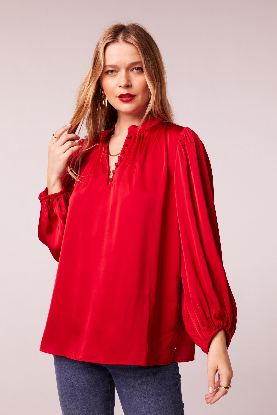 Beth Red Satin Long Sleeve Top