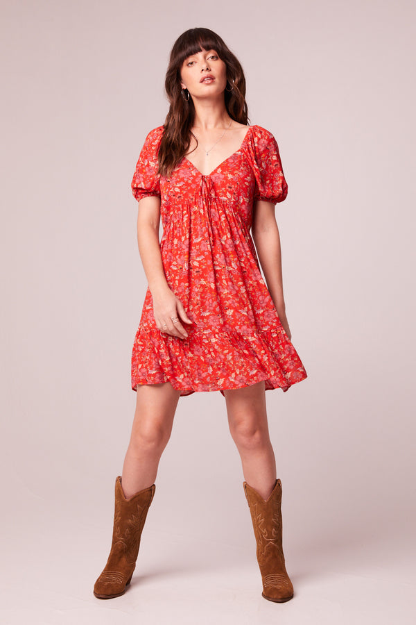 Desiree Crimson Floral Puff Sleeve Mini Dress