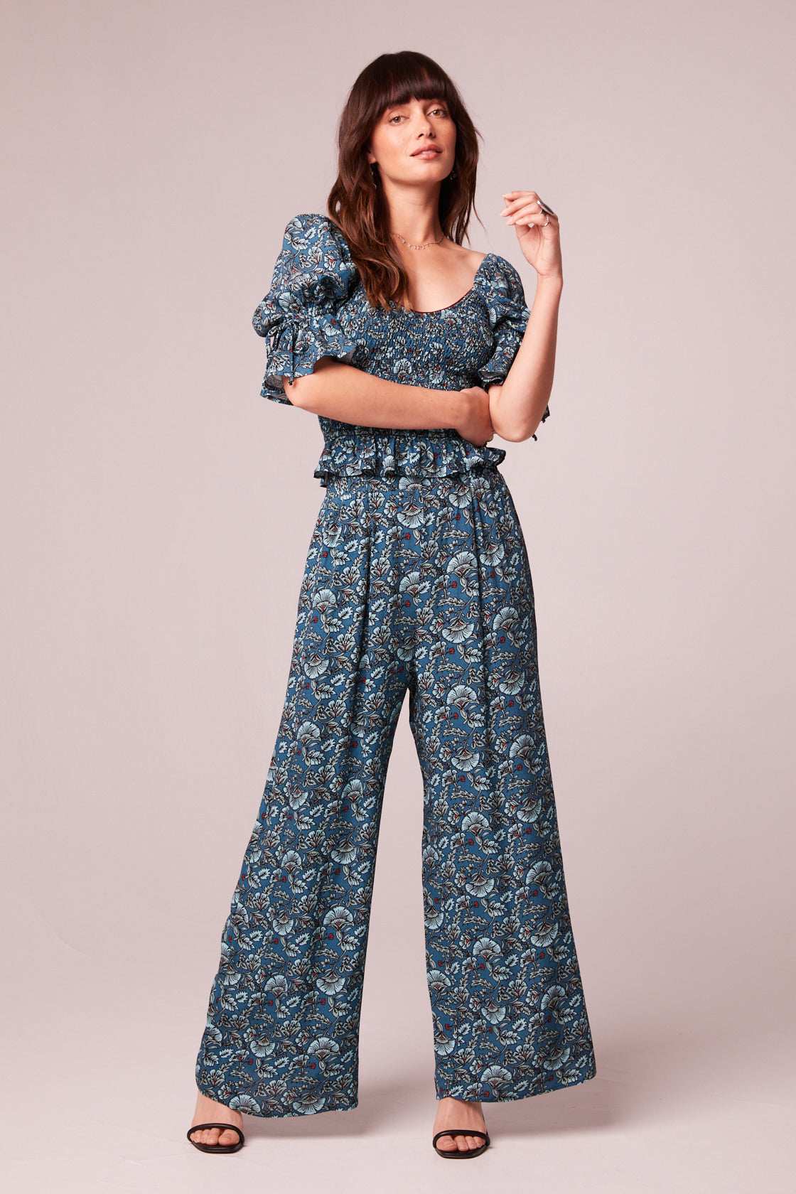 Elise Teal Floral Wide Leg Pants
