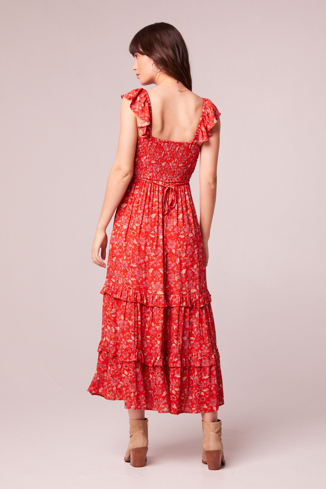 Elodie Crimson Floral Tiered Midi Dress