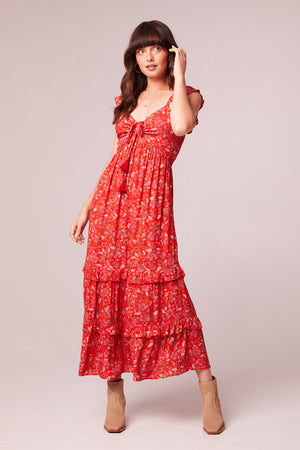 Elodie Crimson Floral Tiered Midi Dress