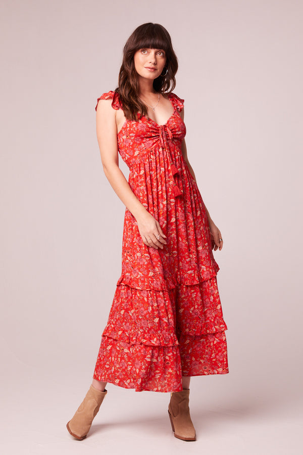 Elodie Crimson Floral Tiered Midi Dress