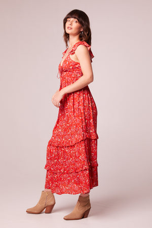 Elodie Crimson Floral Tiered Midi Dress