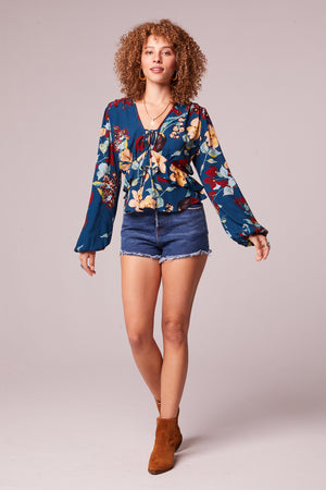 Fano Teal Floral Long Sleeve Top Detail
