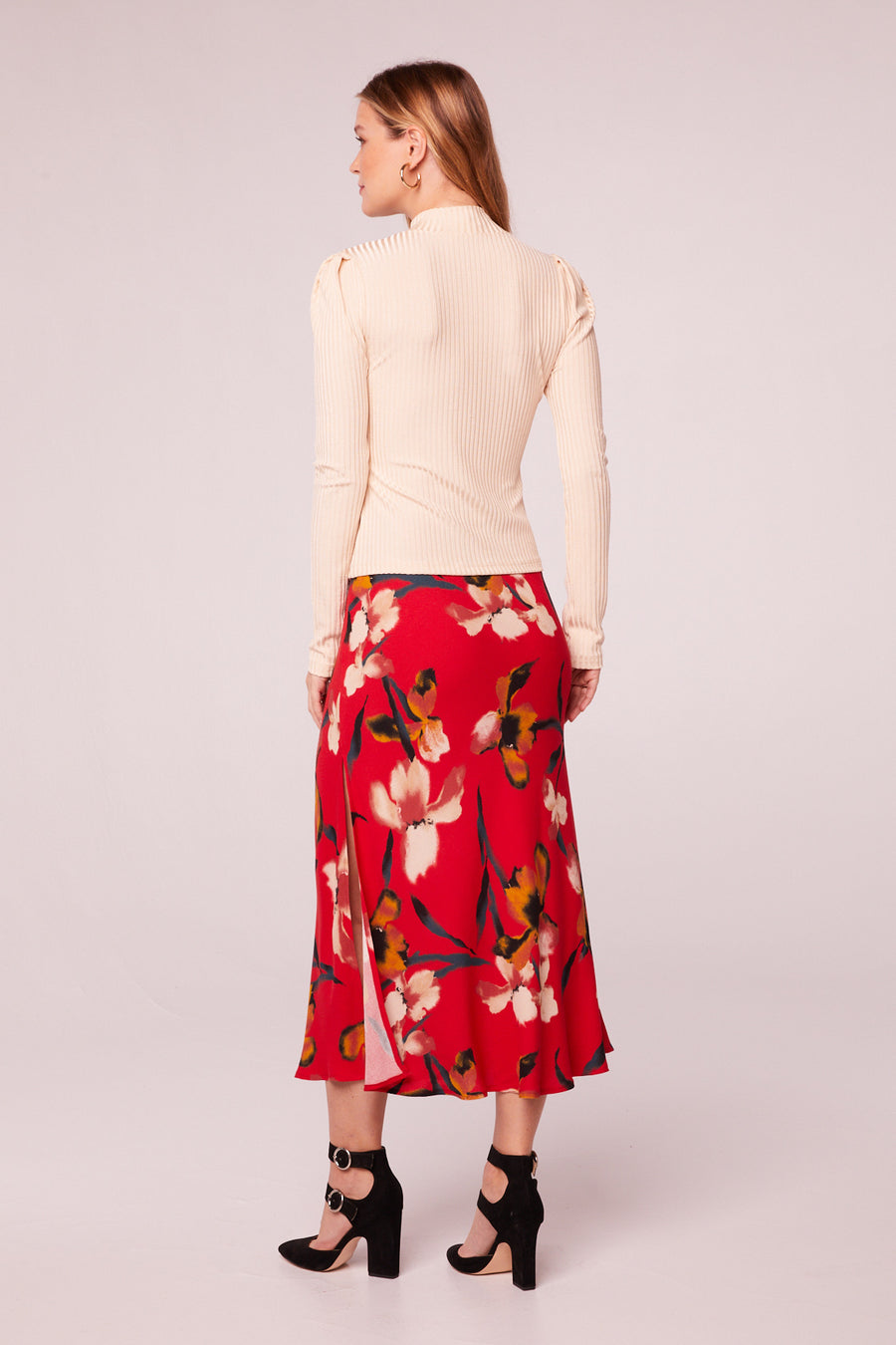 Heart Beat Red Floral Midi Skirt